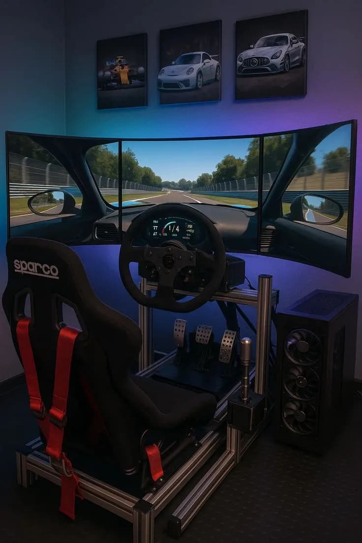 Sim racing rig with wheel, pedals, and racing seat